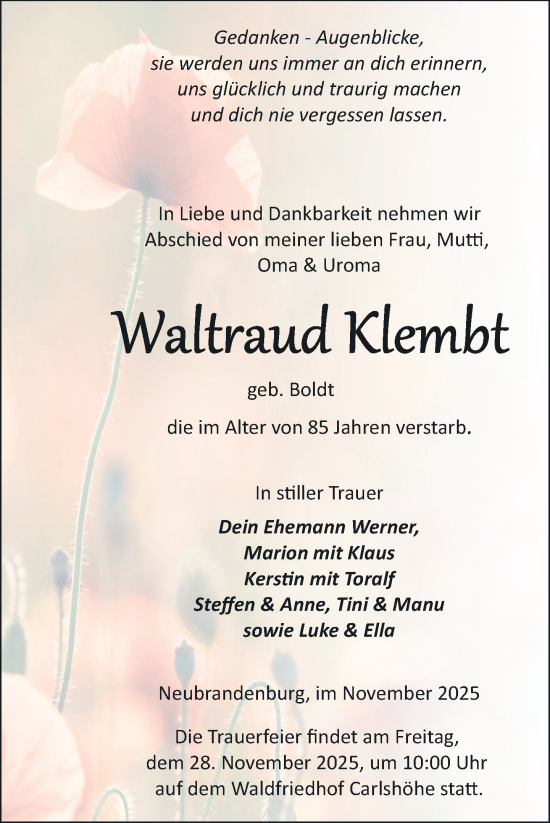 Traueranzeige von Waltraud Klembt von Nordkurier Neubrandenburger Zeitung