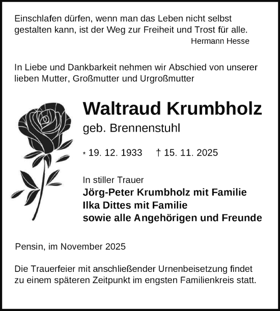Traueranzeige von Waltraud Krumbholz von Nordkurier Demminer Zeitung