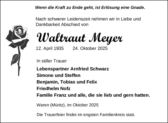 Traueranzeige von Waltraut Meyer von Nordkurier Müritz-Zeitung