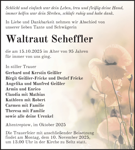 Traueranzeige von Waltraut Scheffler von Nordkurier Neubrandenburger Zeitung