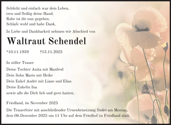 Traueranzeige von Waltraut Schendel von Nordkurier Neubrandenburger Zeitung