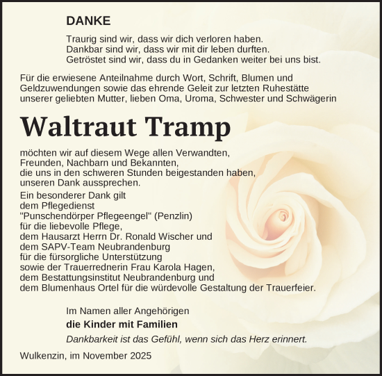 Traueranzeige von Waltraut Tramp von Nordkurier Neubrandenburger Zeitung