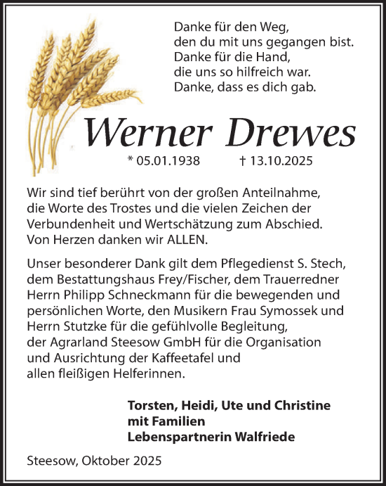 Traueranzeige von Werner Drewes von Ludwigsluster Tageblatt