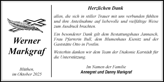 Traueranzeige von Werner Markgraf von Der Prignitzer, Prignitz Express