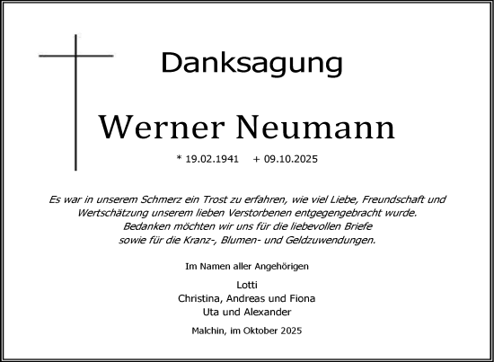 Traueranzeige von Werner Neumann von Nordkurier Mecklenburger Schweiz