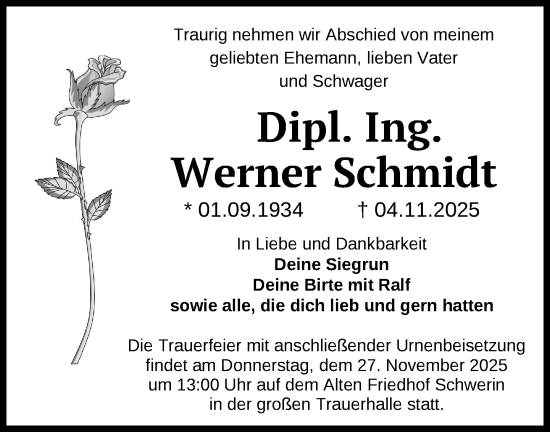 Traueranzeige von Werner Schmidt von Zeitung für die Landeshauptstadt