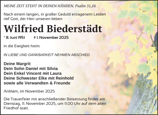 Traueranzeige von Wilfried Biederstädt von Nordkurier Vorpommern Kurier