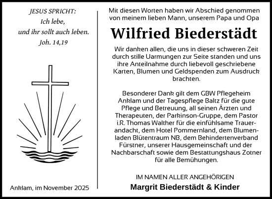 Traueranzeige von Wilfried Biederstädt von Nordkurier Vorpommern Kurier