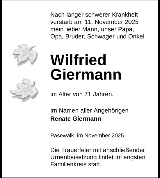 Traueranzeige von Wilfried Giermann von Nordkurier Grosso