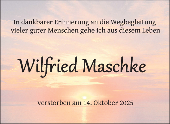 Traueranzeige von Wilfried Maschke von Nordkurier Neubrandenburger Zeitung