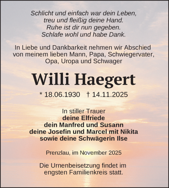 Traueranzeige von Willi Haegert von Uckermark Kurier Prenzlauer Zeitung