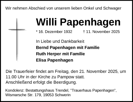Traueranzeige von Willi Papenhagen von Zeitung für die Landeshauptstadt