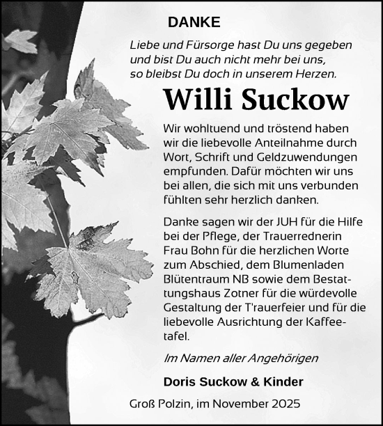 Traueranzeige von Willi Suckow von Nordkurier Vorpommern Kurier