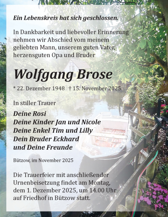 Traueranzeige von Wolfgang Brose von Güstrow und Bützow