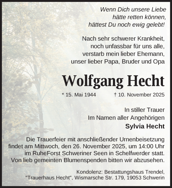 Traueranzeige von Wolfgang Hecht von Zeitung für die Landeshauptstadt