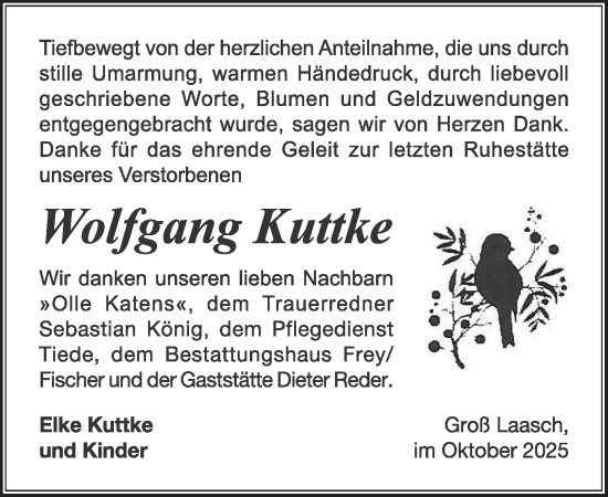 Traueranzeige von Wolfgang Kuttke von Ludwigsluster Tageblatt