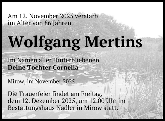 Traueranzeige von Wolfgang Mertins von Nordkurier Strelitzer Zeitung