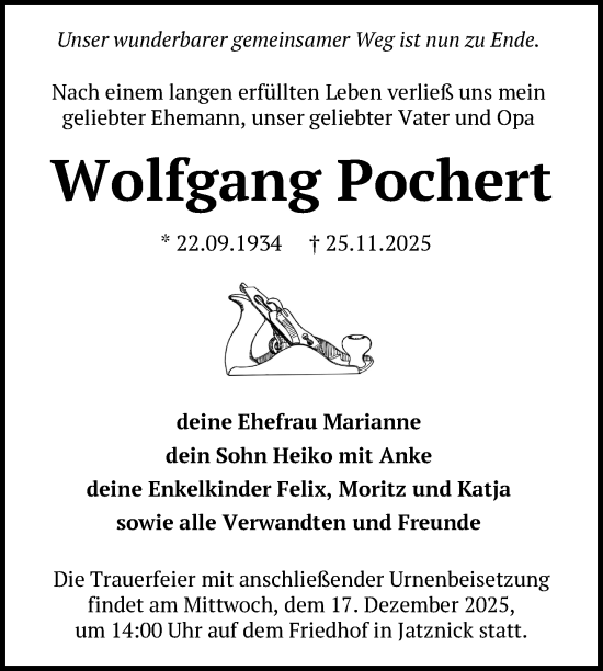 Traueranzeige von Wolfgang Pochert von Nordkurier Pasewalker Zeitung