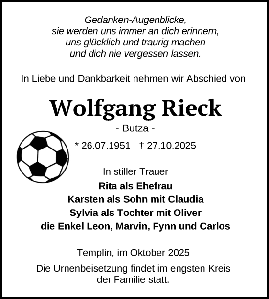Traueranzeige von Wolfgang Rieck von Uckermark Kurier Templiner Zeitung