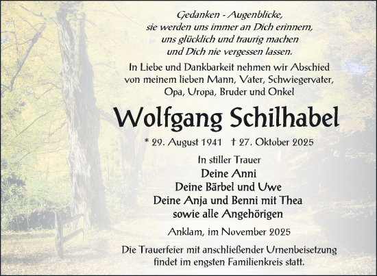 Traueranzeige von Wolfgang Schilhabel von Nordkurier Vorpommern Kurier