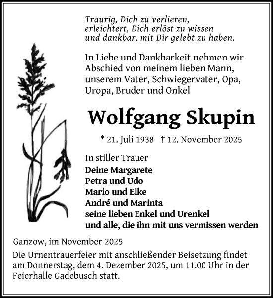 Traueranzeige von Wolfgang Skupin von Gadebusch - Rehnaer Zeitung