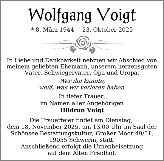 Traueranzeige von Wolfgang Voigt von Zeitung für die Landeshauptstadt