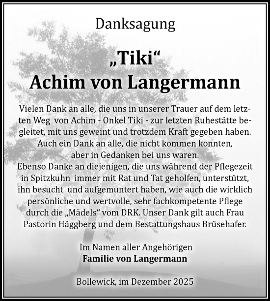 Traueranzeige von Achim von Langermann von Nordkurier Müritz-Zeitung