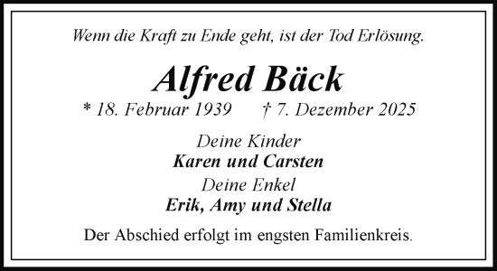 Traueranzeige von Alfred Bäck von Zeitung für die Landeshauptstadt