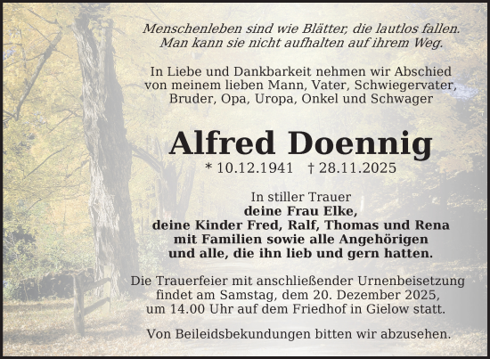 Traueranzeige von Alfred Doennig von Nordkurier Mecklenburger Schweiz
