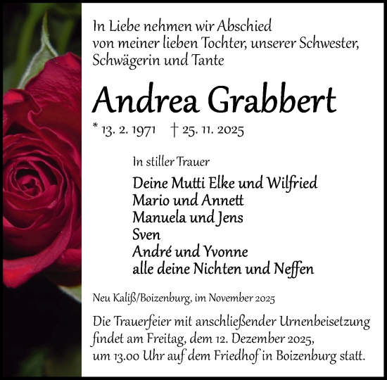 Traueranzeige von Andrea Grabbert von Hagenower Kreisblatt