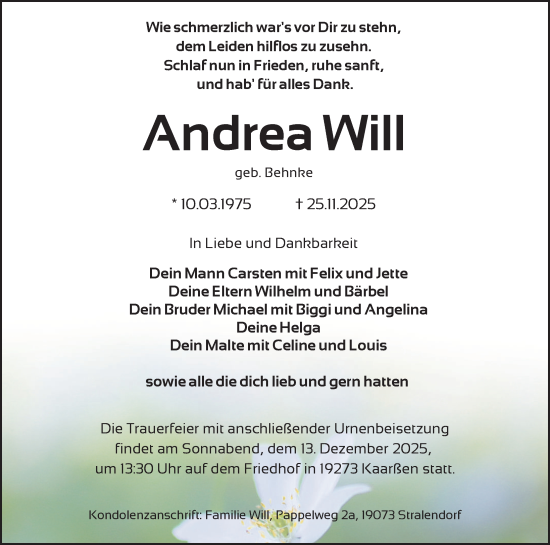 Traueranzeige von Andrea Will von Hagenower Kreisblatt