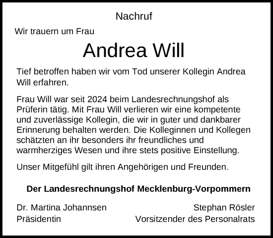 Traueranzeige von Andrea Will von Zeitung für die Landeshauptstadt