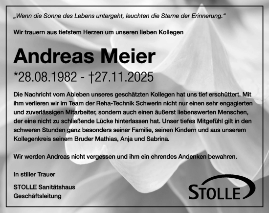 Traueranzeige von Andreas Meier von Zeitung für die Landeshauptstadt