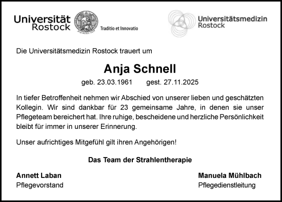 Traueranzeige von Anja Schnell von Norddeutsche Neueste Nachrichten