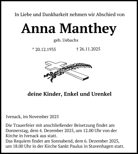 Traueranzeige von Anna Manthey von Nordkurier Mecklenburger Schweiz