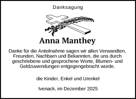 Traueranzeige von Anna Manthey von Nordkurier Mecklenburger Schweiz