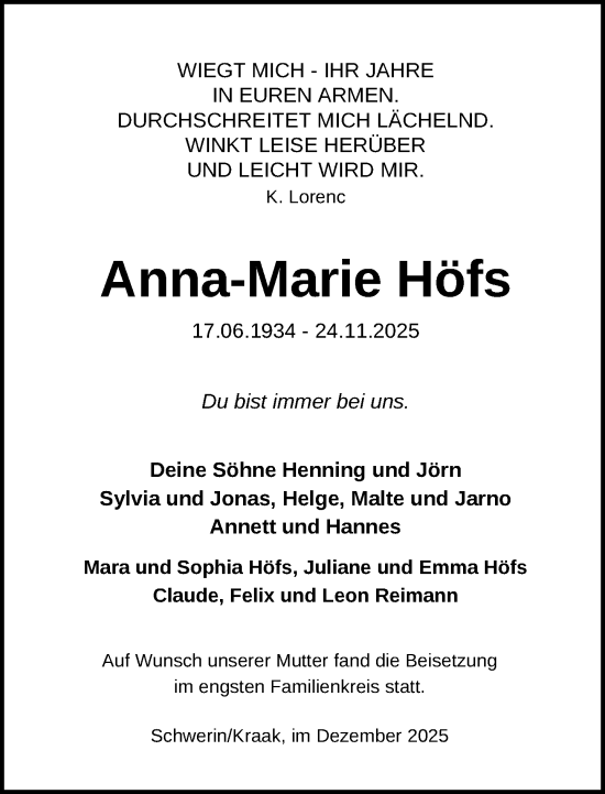 Traueranzeige von Anna-Marie Höfs von Zeitung für die Landeshauptstadt