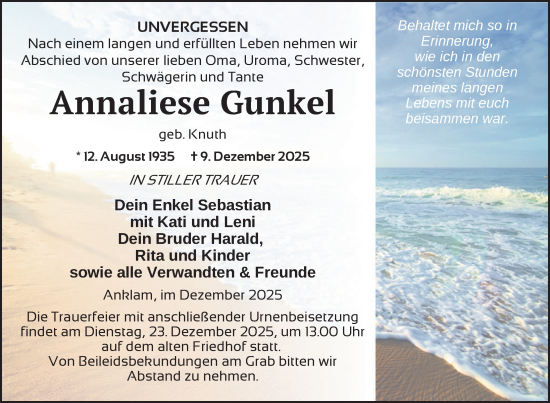 Traueranzeige von Annaliese Gunkel von Nordkurier Vorpommern Kurier