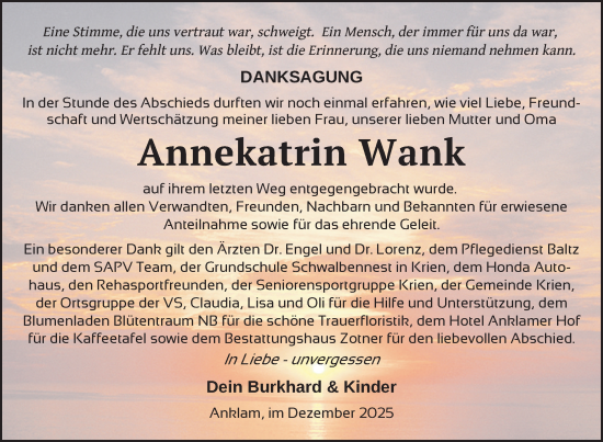 Traueranzeige von Annekatrin Wank von Nordkurier Vorpommern Kurier