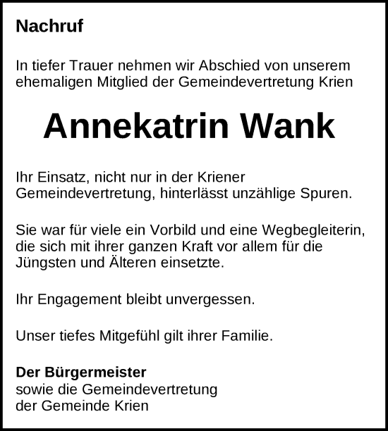 Traueranzeige von Annekatrin Wank von Nordkurier Vorpommern Kurier
