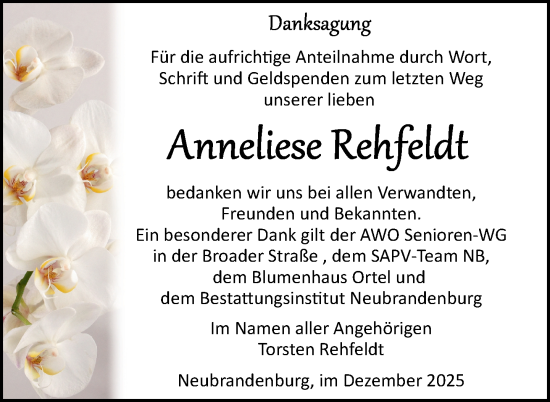 Traueranzeige von Anneliese Rehfeldt von Nordkurier Neubrandenburger Zeitung