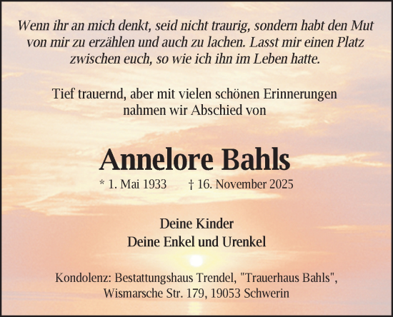 Traueranzeige von Annelore Bahls von Zeitung für die Landeshauptstadt
