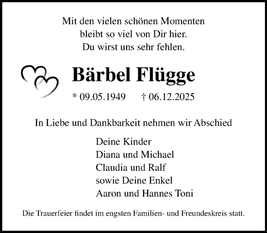 Traueranzeige von Bärbel Flügge von Norddeutsche Neueste Nachrichten