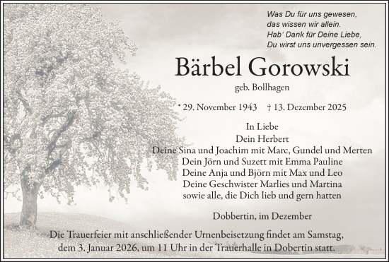 Traueranzeige von Bärbel Gorowski von Parchim und Lübz