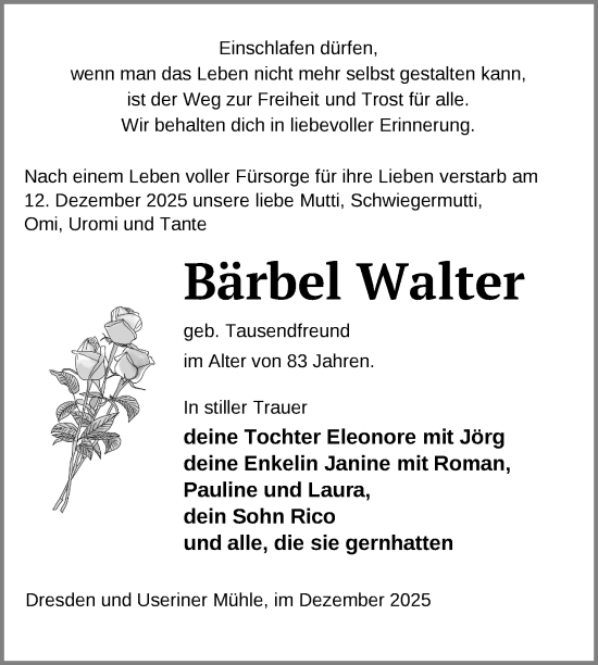 Traueranzeige von Bärbel Walter von Nordkurier Strelitzer Zeitung