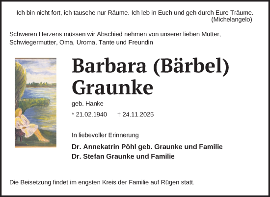 Traueranzeige von Barbara Graunke von Nordkurier Pasewalker Zeitung