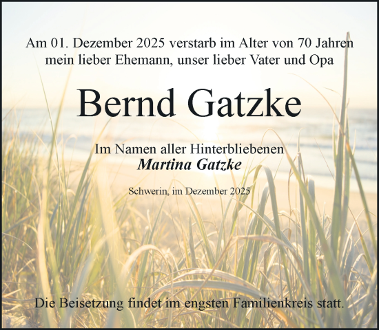 Traueranzeige von Bernd Gatzke von Zeitung für die Landeshauptstadt