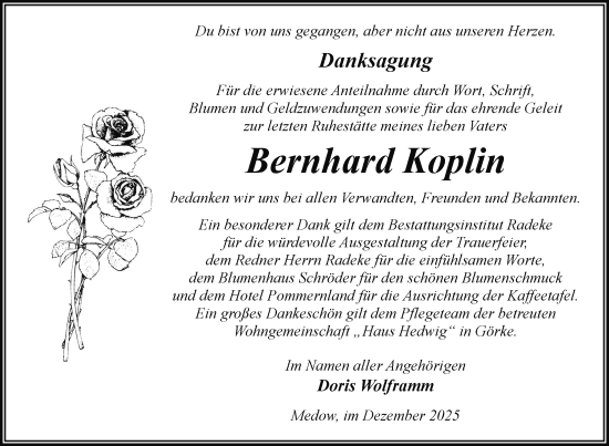 Traueranzeige von Bernhard Koplin von Nordkurier Vorpommern Kurier