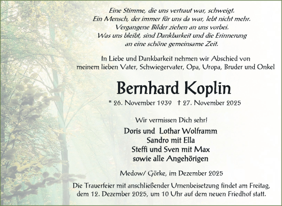 Traueranzeige von Bernhard Koplin von Nordkurier Vorpommern Kurier