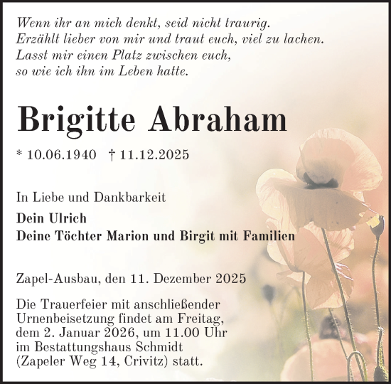 Traueranzeige von Brigitte Abraham von Zeitung für die Landeshauptstadt